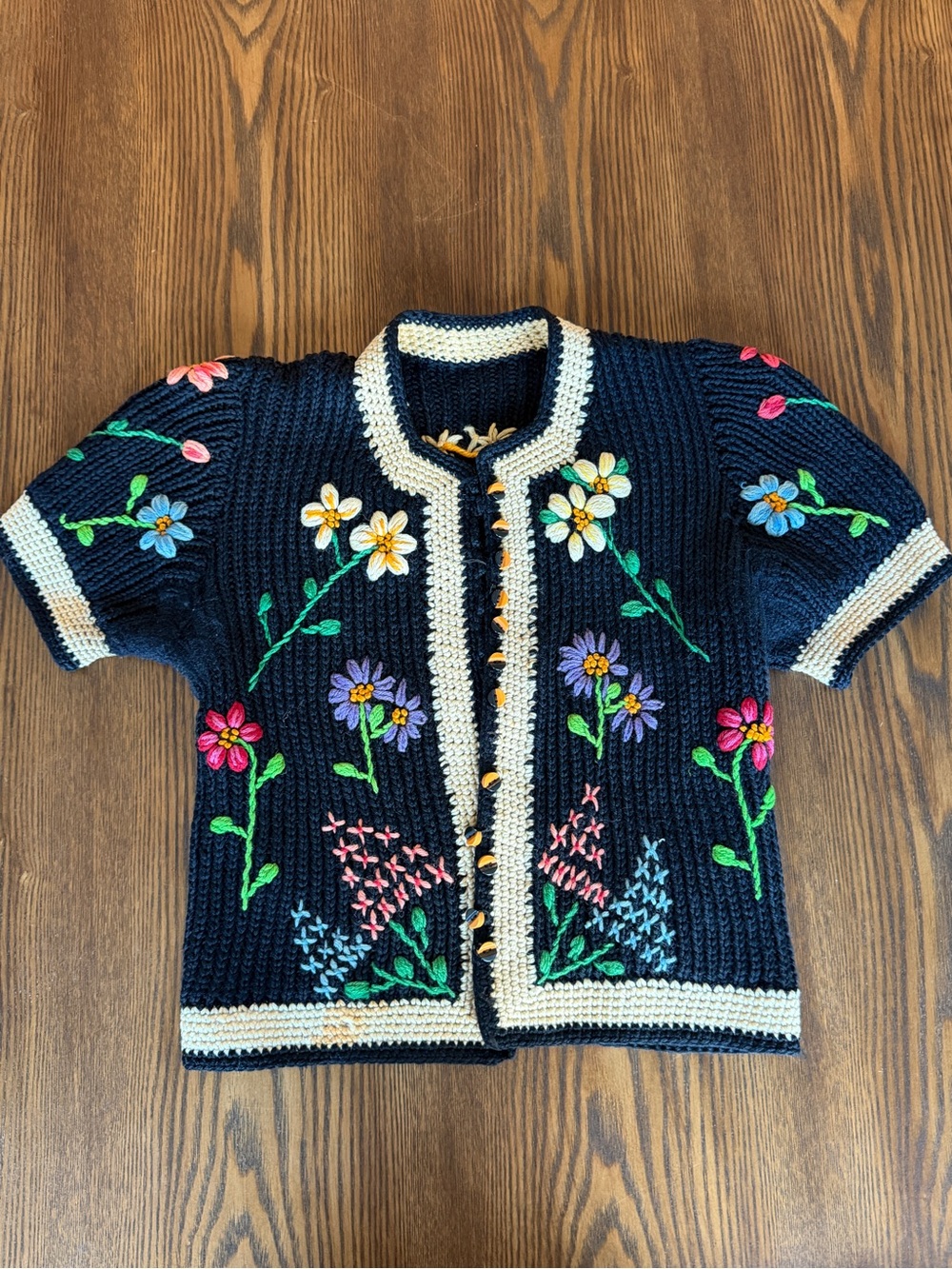 Vintage Handmade Floral Crochet Cardigan - Black with Cream Borders.